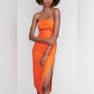 MANGO MNG Strapless Linen Dress in Orange